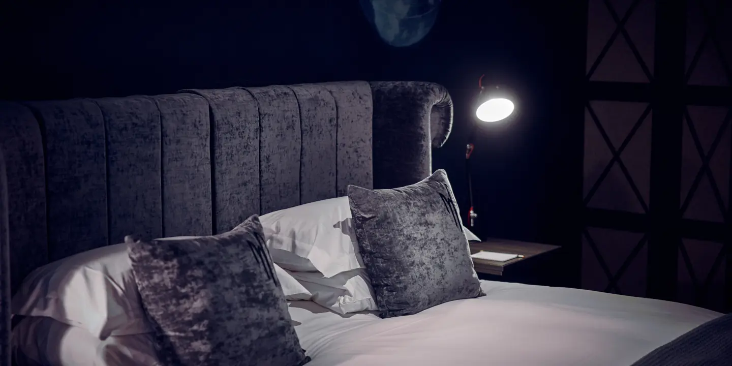 Bed adorned with two grey velvet pillows.